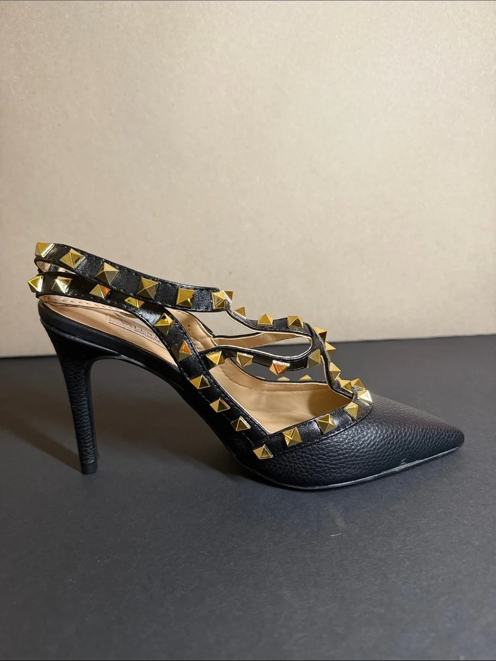 Valentino Garavani Black Leather Pointed Slingback Heels with Gold Studs